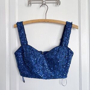 Dress The Population • beaded crop top midnight blue floral applique bustier